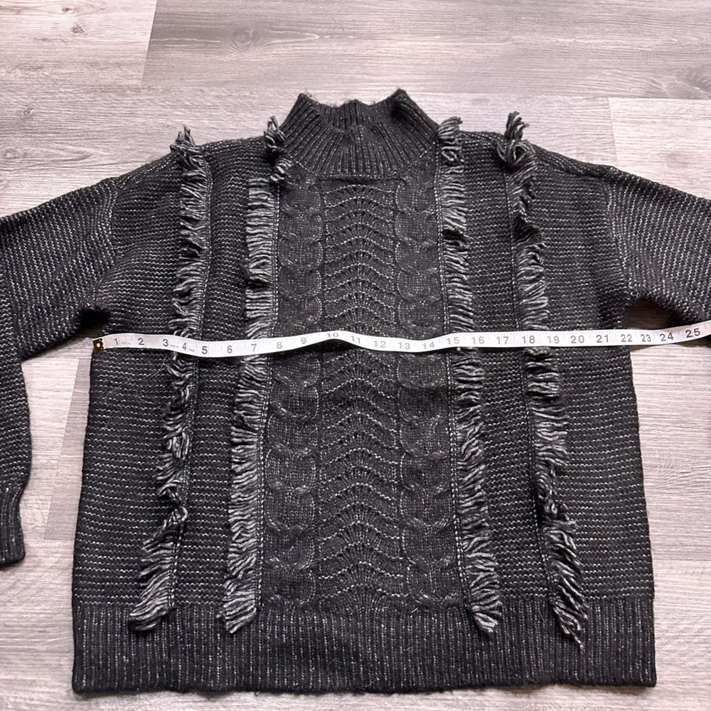 Women’s LOFT Boho Fringe Mock Neck Knit Sweater in Charcoal - Picture 4 of 7